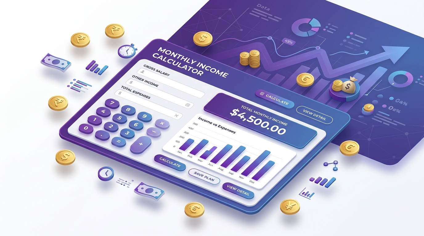 Monthly Income Calculator interface showing salary, tax, and deductions calculation tool with purple gradient design