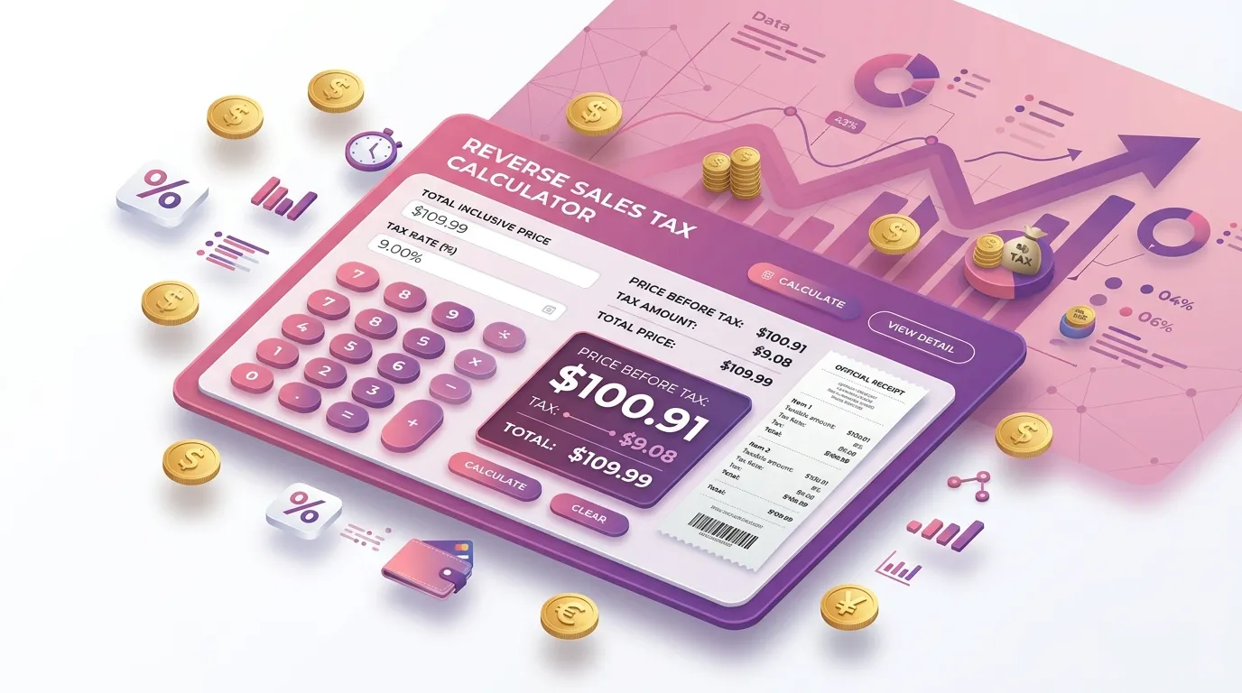 Reverse Sales Tax Calculator interface showing total price and tax rate inputs with pre-tax price calculation results in pink gradient design