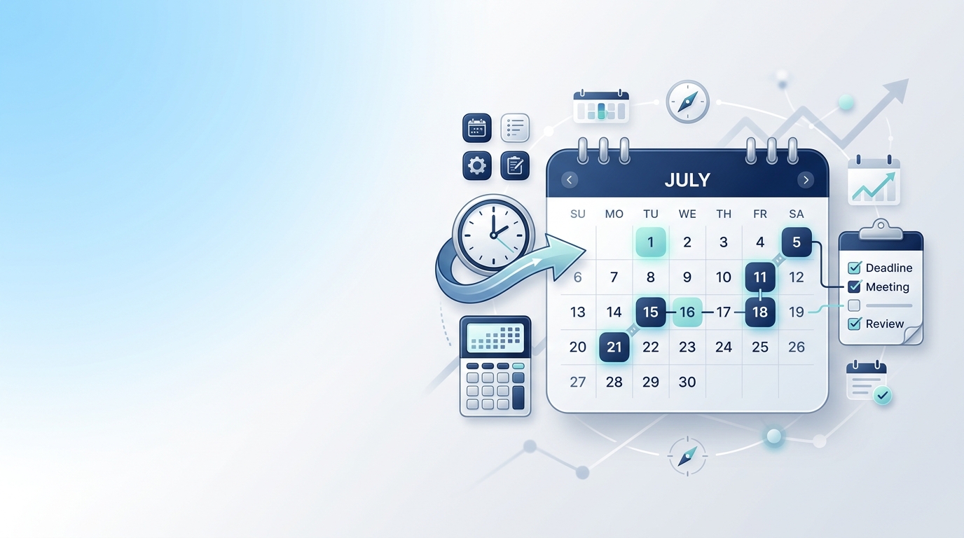 Weeks From Today Calculator showing a calendar, clock, and future date planning tools